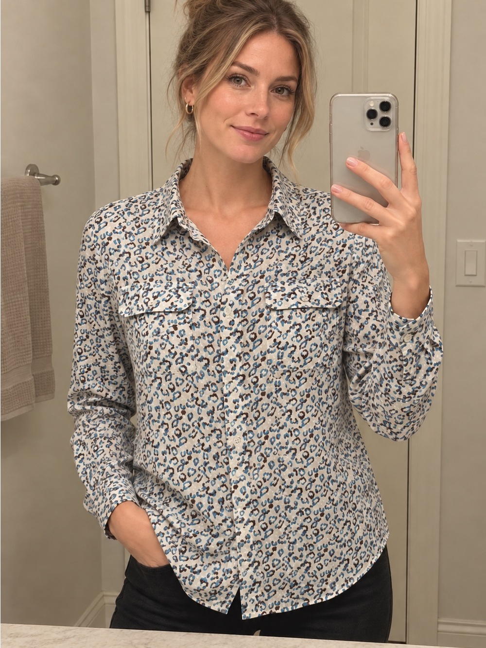 Fate Leopard-Print Button-Down Shirt in Blue and Cream NWOT Large